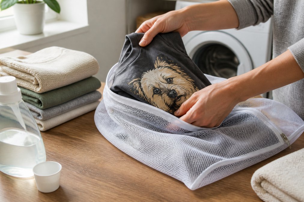 Hands carefully placing a graphic tee with pet design inside-out into a fine mesh laundry bag, natural lighting from window