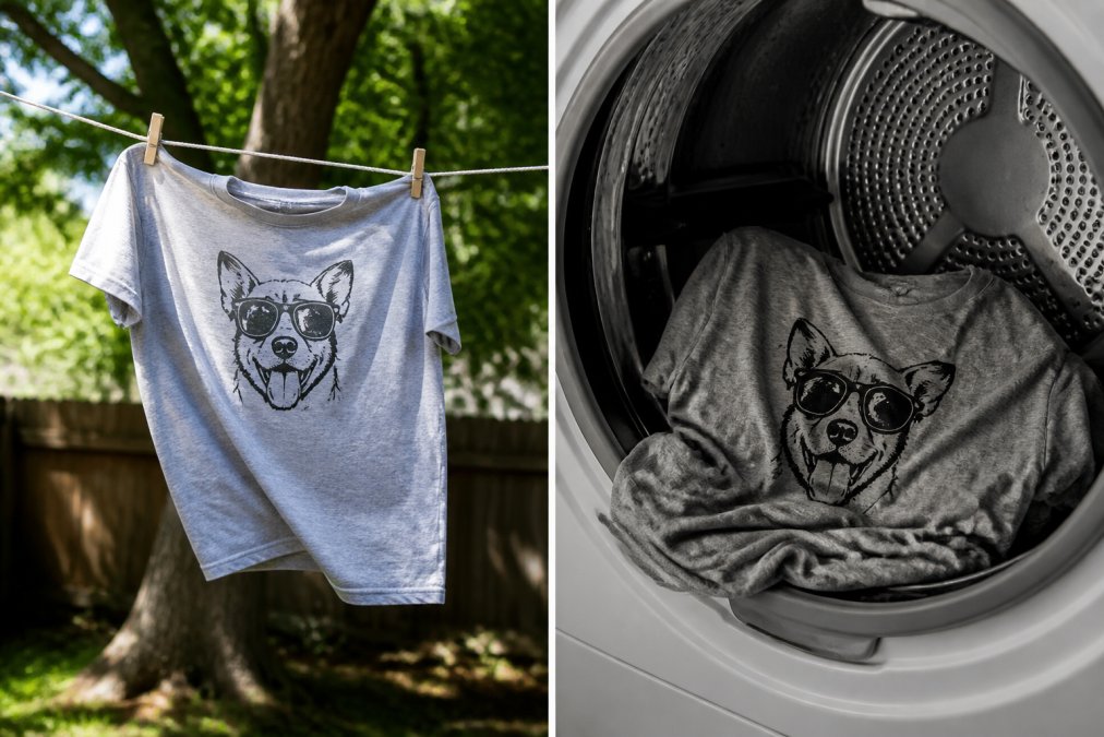 A pet-themed graphic tee hanging flat on a clothesline in dappled shade outdoors, gentle breeze indicated by fabric movement