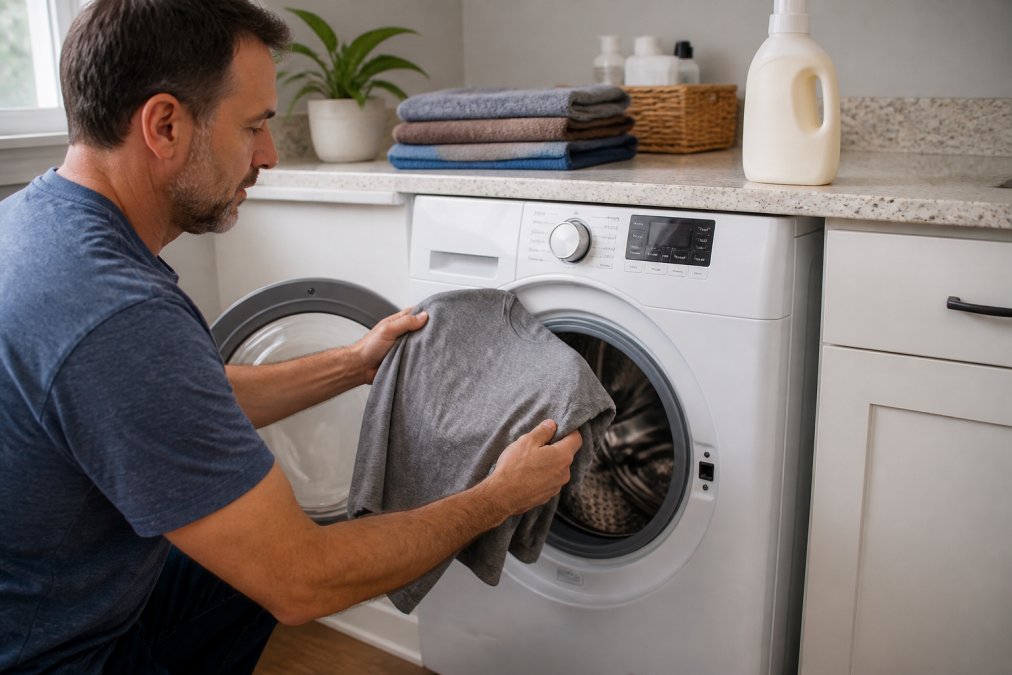 A person turning a graphic t-shirt inside out before placing it into a front-loading washing machine in a bright laundry room, with a bottle of mild detergent on the counter nearby