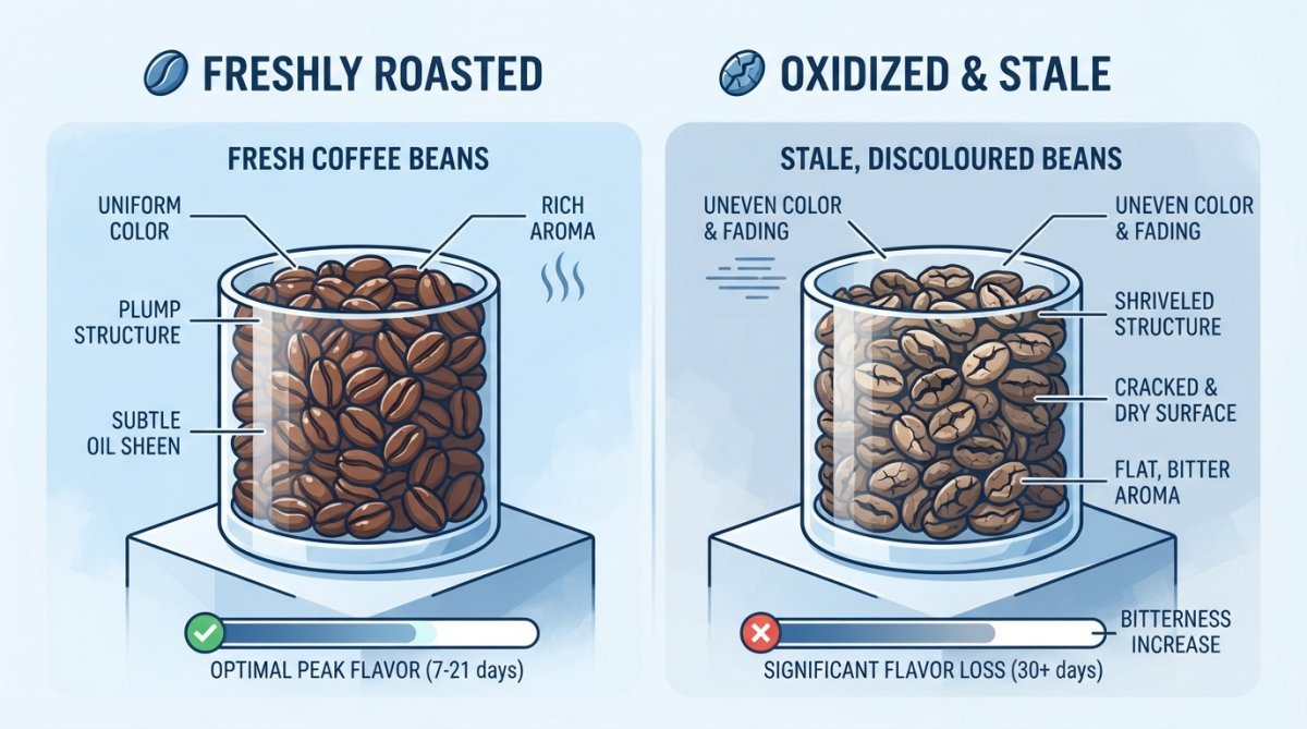 Close-up of fresh dark roasted coffee beans in a clear glass jar next to a container of pale, dull stale coffee beans showing visible color degradation and surface dulling