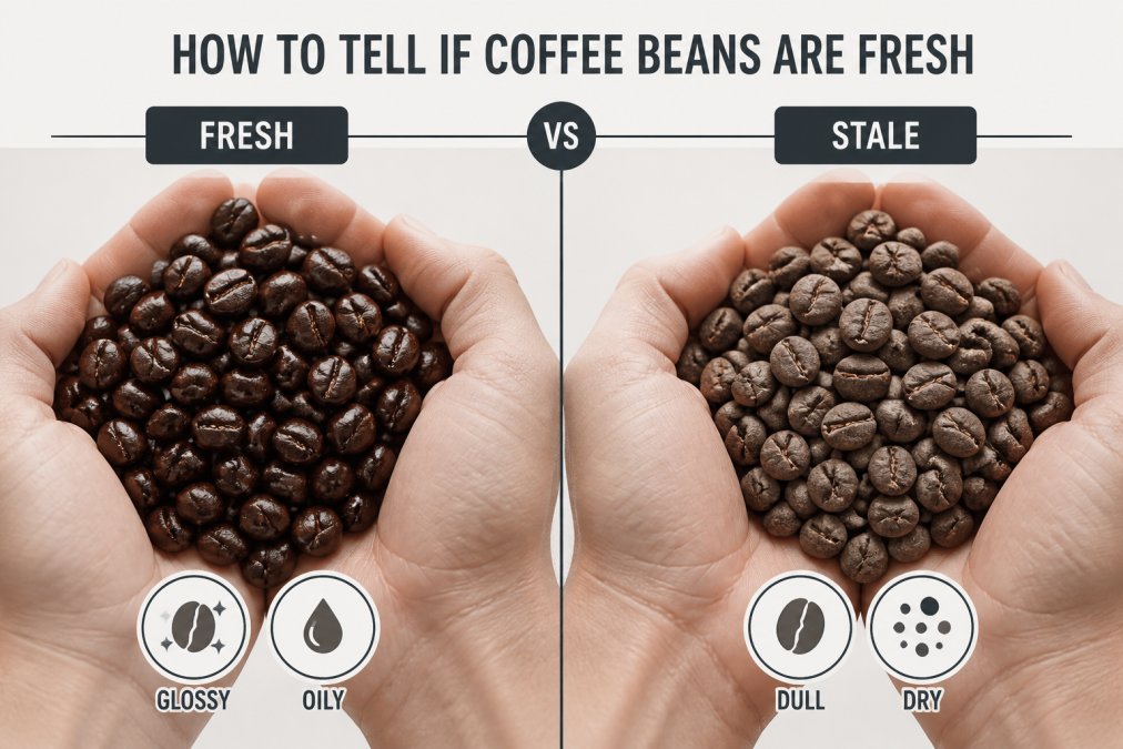 Close-up of hands holding fresh, glossy dark roasted coffee beans next to dull, gray-brown stale beans in natural daylight, showing clear color and texture contrast