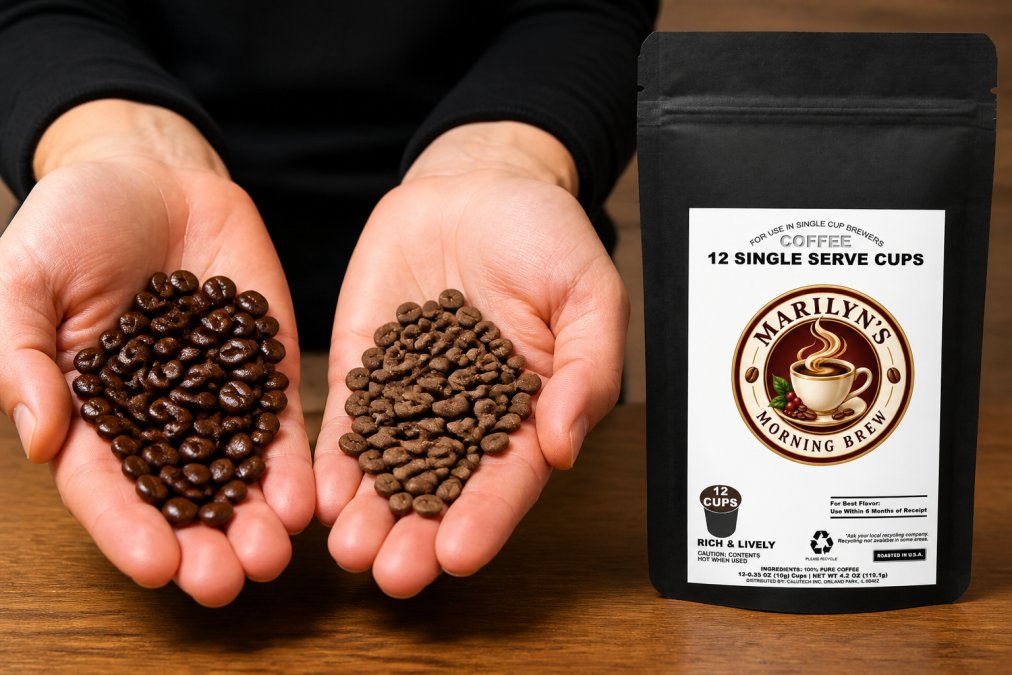 Close-up of hands holding fresh coffee beans with visible oil sheen and vibrant brown color next to an older bag showing dull, flat beans with no surface luster