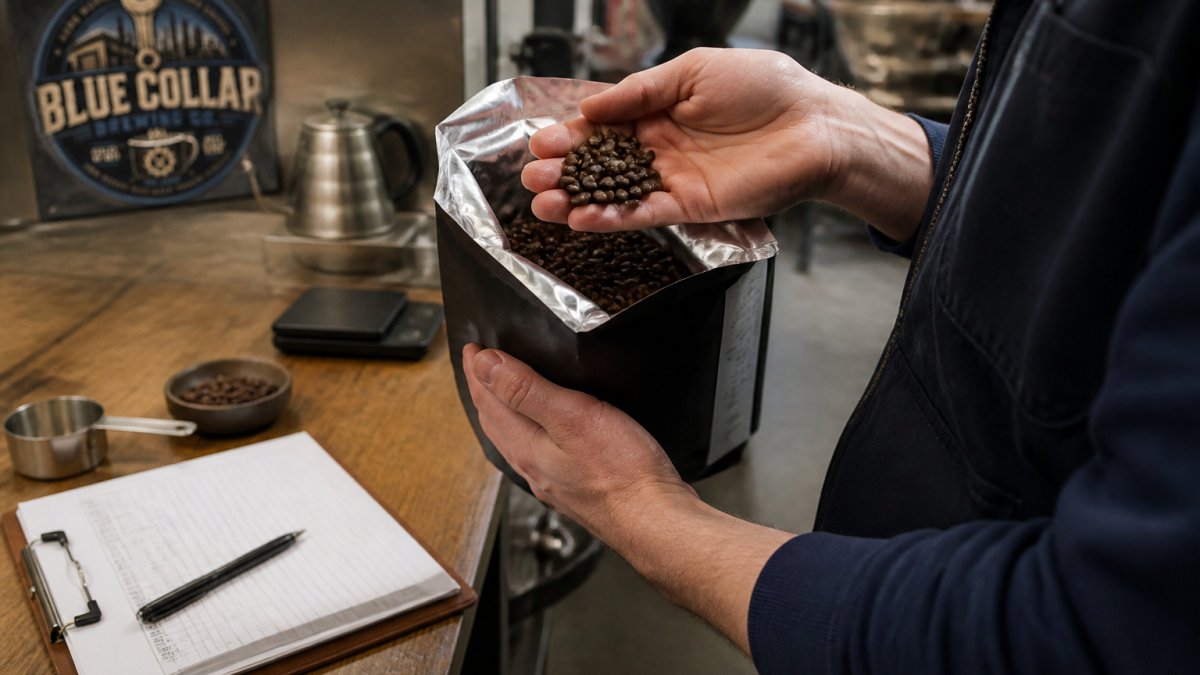 Worker inspecting whole coffee beans and checking the roast date on a bag in a bright, sunlit kitchen.