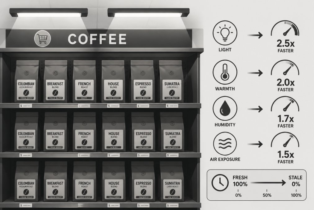 Grocery store coffee shelf with multiple bags displayed under bright fluorescent overhead lighting, showing exposed coffee merchandise with warm and cool light creating shadows