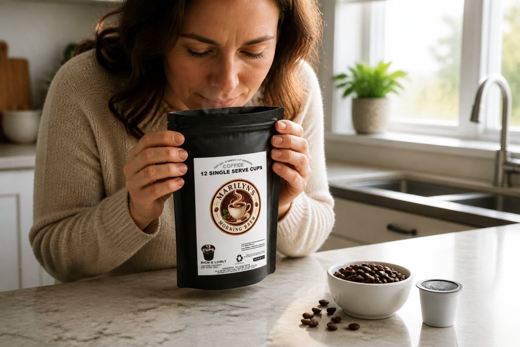 Person's hands opening a bag of fresh coffee beans near their nose, with visible steam or aroma wisps rising, bright kitchen lighting in background