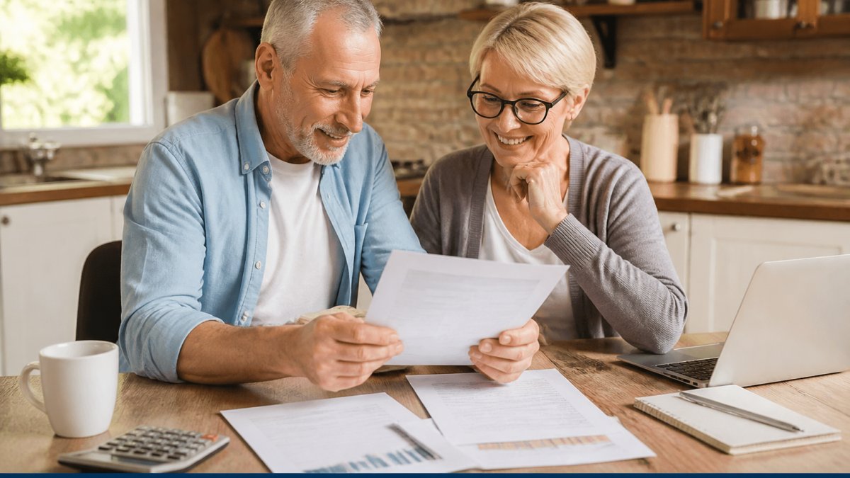 A retired couple in their 60s reviewing financial documents at a kitchen table, looking relieved and confident, with a laptop showing account balances in the background