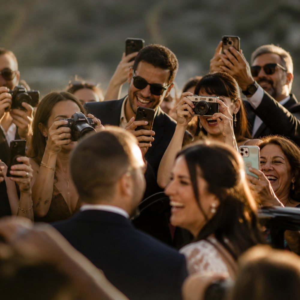 Multiple guests at a celebration capturing candid moments simultaneously on their phones and cameras from different angles, with genuine laughter and unguarded interactions visible in natural event lighting