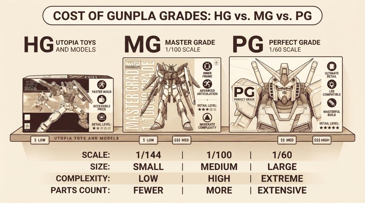 Close-up of three different Gundam model kits displayed side by side on a shelf, showing High Grade, Master Grade, and Perfect Grade boxes with visible size and detail differences