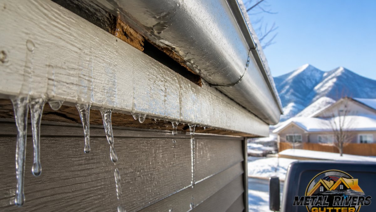 Diagram illustrating how gutters dripping behind fascia boards occur due to gaps and ice buildup