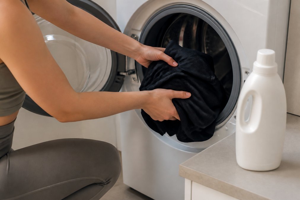 Close-up of hands placing activewear into a washing machine on a gentle cycle setting, with a bottle of mild detergent nearby on the counter