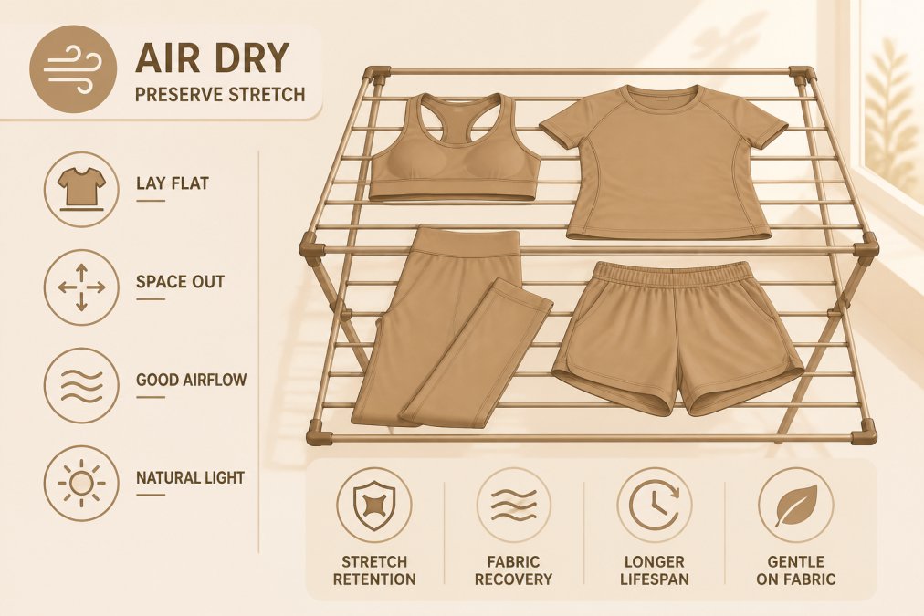 Activewear laid flat on a drying rack in natural light, showing proper air-drying technique with garments arranged to dry evenly
