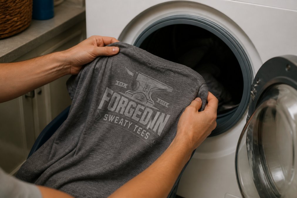 Hands turning a gray graphic tee inside out before placing it into a washing machine, showing the printed design on the interior side