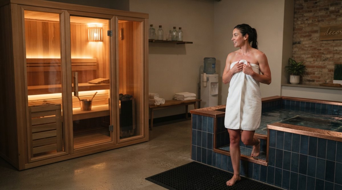 A modern gym recovery room with a cedar-lined sauna and a tiled cold plunge tub, warm ambient lighting, a member wrapping in a white towel after exiting the plunge