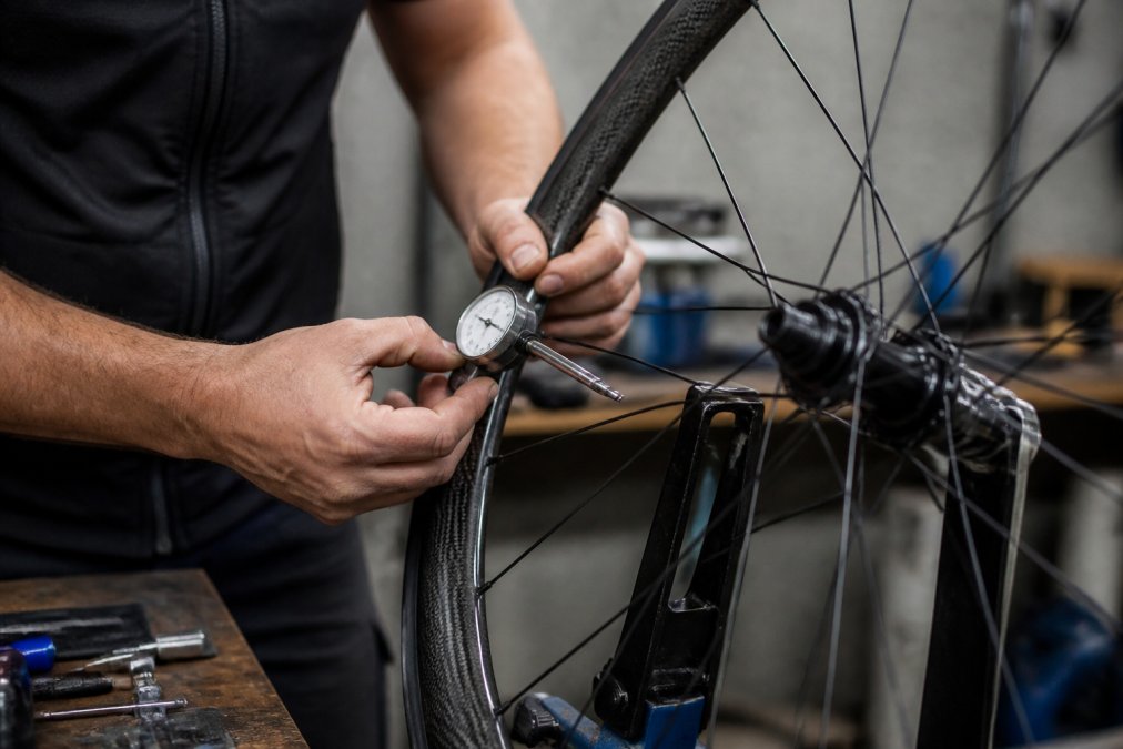 Professional wheel builder's hands adjusting spokes with a tensiometer tool, measuring tension on a carbon fibre rim with precision instruments on a workbench