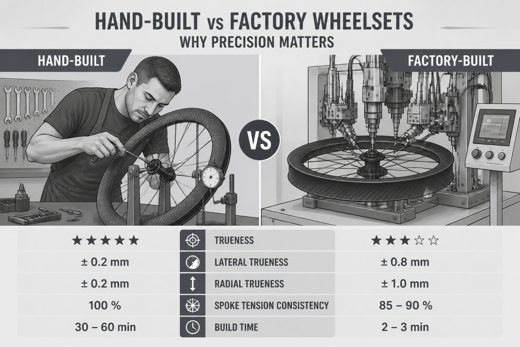 Side-by-side workshop scene showing a hand-builder adjusting spokes with precision tools on a carbon fibre rim, contrasted with industrial machinery performing automated spoke assembly in a factory setting