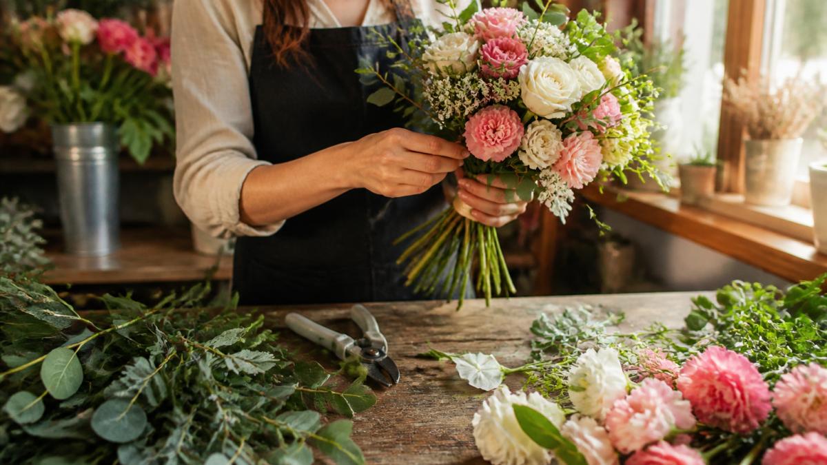 A florist's hands trimming stems and placing blooms into a hand-tied bouquet on a wooden workbench, surrounded by loose flowers and foliage in natural light