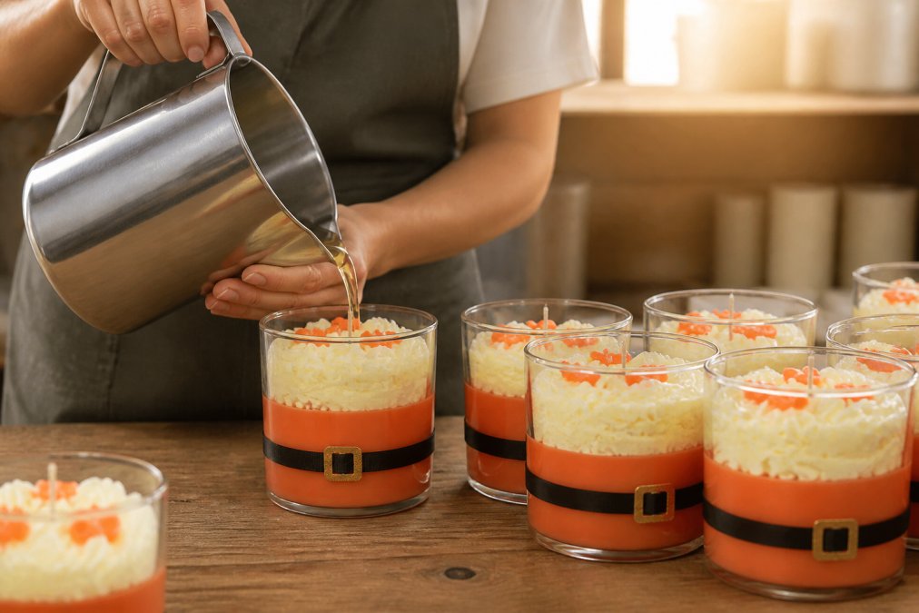 Close-up of a candle maker's hands carefully pouring melted wax from a metal pitcher into a clear glass jar, with multiple glass containers lined up on a wooden work surface in a bright artisanal studio with natural window lighting