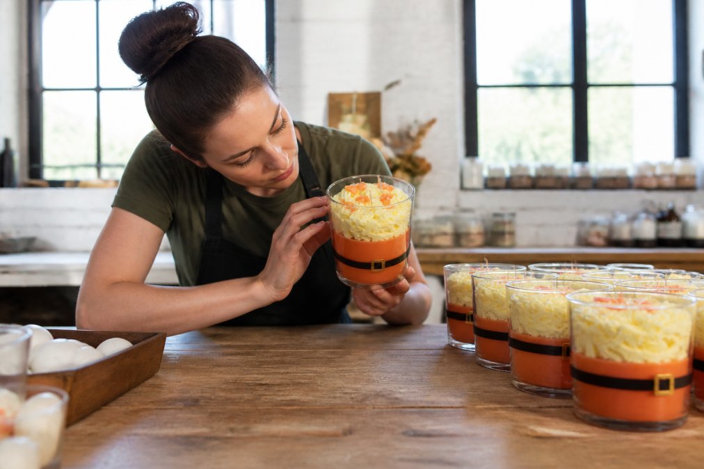 Artisan candle maker in a bright studio inspecting finished candles for quality, carefully checking wick centering and melt pool consistency on a wooden work table with natural lighting streaming through large windows