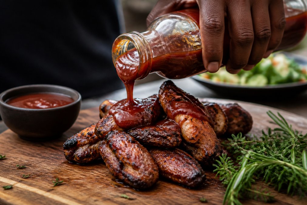 Close-up of a hand pouring rich BBQ sauce from a glass bottle over grilled chicken wings on a rustic wooden board, with fresh herbs and a small bowl of sauce nearby