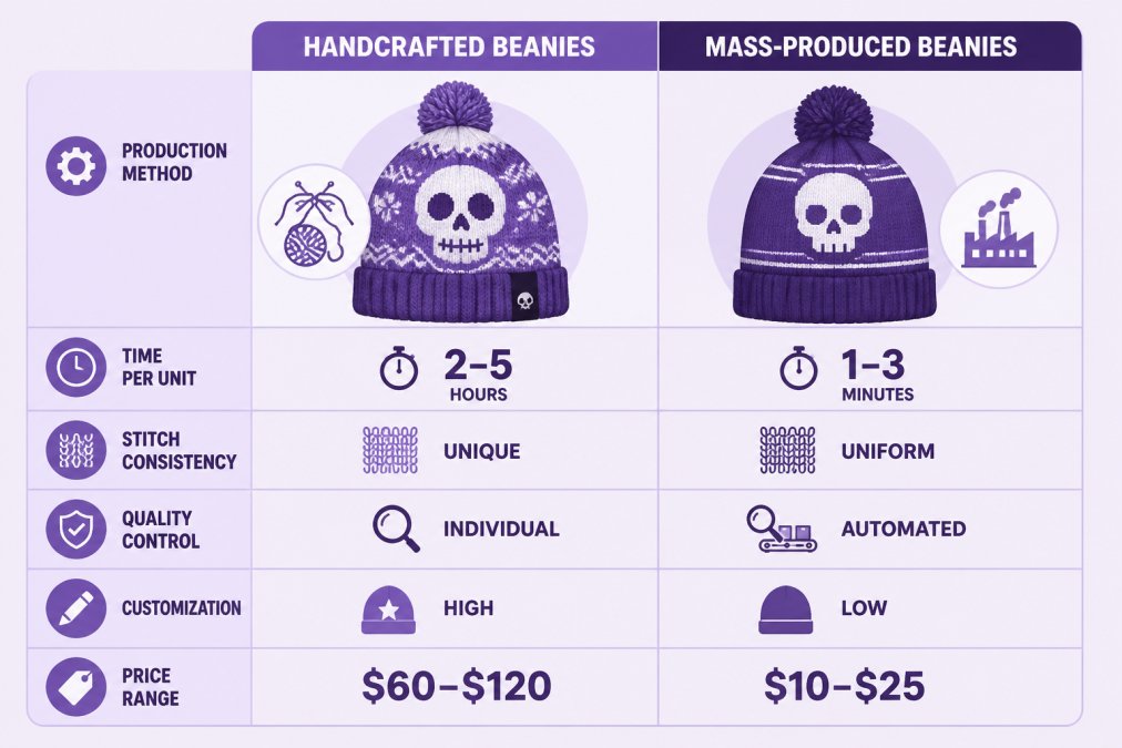 Comparison matrix with rows for production method, time per unit, stitch consistency, quality control, customization, price range; columns showing handcrafted vs. mass-produced specifications