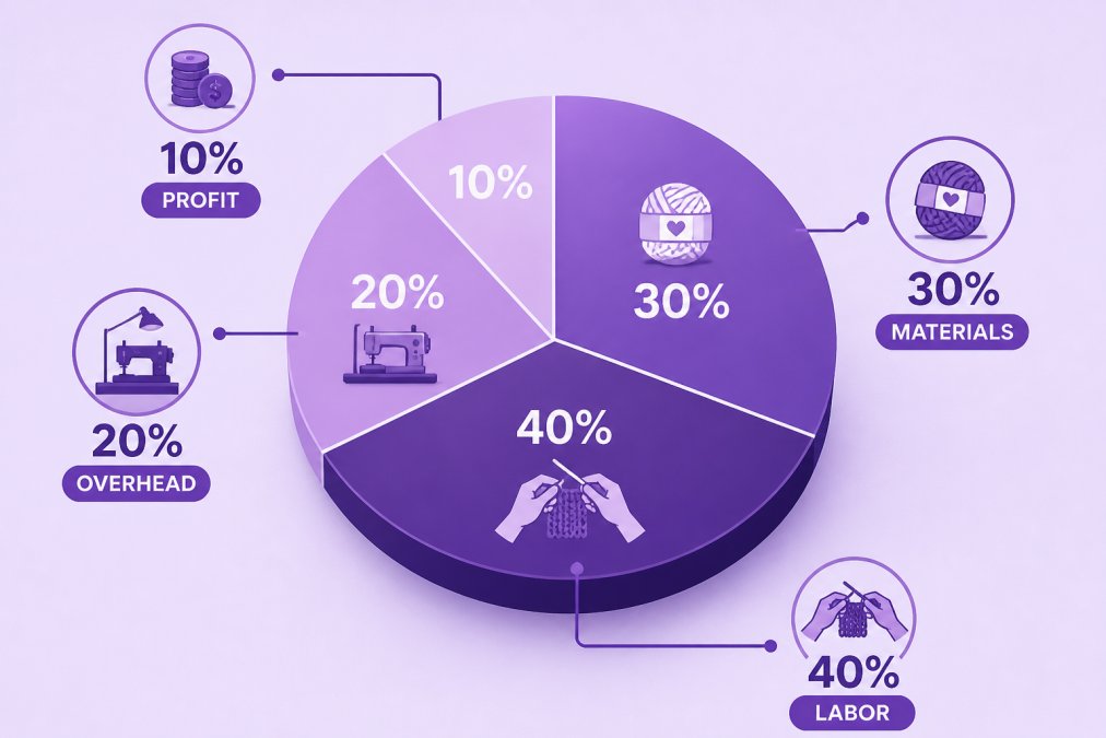 Pie chart showing cost allocation for handcrafted beanie pricing: premium yarn and materials 30%, skilled labor 40%, workspace and equipment overhead 20%, profit margin 10%