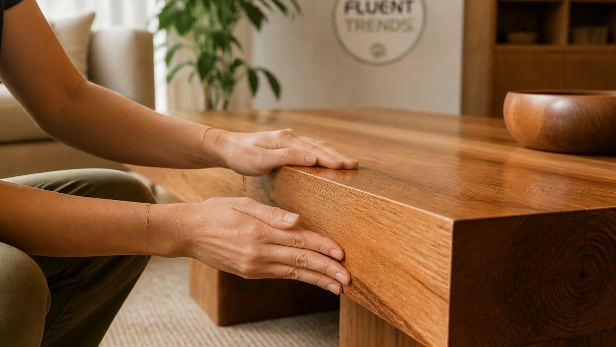 Close-up of a person's hands running along the edge of a solid wood coffee table, visible wood grain and smooth natural wax finish, warm living room light