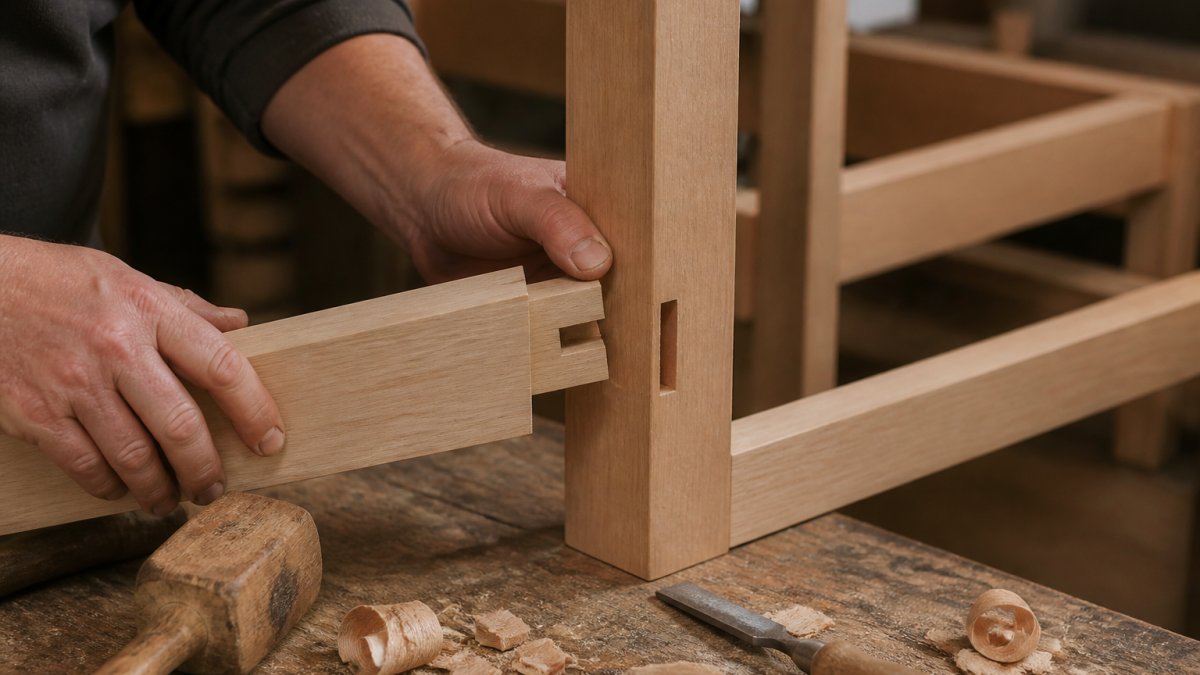 Skilled craftsperson's hands assembling wooden sofa frame using mortise-and-tenon joinery, showing precise wooden joints fitted together with hand tools on a workbench