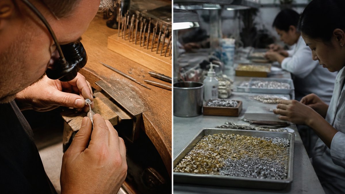 Skilled jeweler's hands working intently on detailed metalwork at a workbench with precision tools, magnifying glass, and carefully focused on stone setting under bright workshop lighting