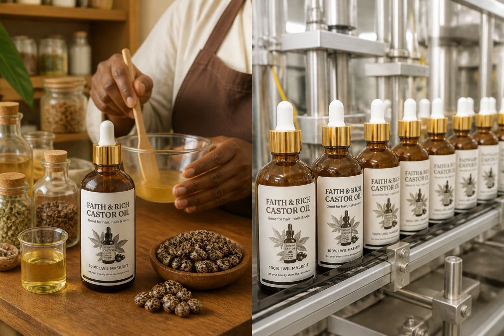 Close-up of hands carefully mixing natural skincare ingredients in a small artisanal workspace with glass jars and botanical extracts visible on wooden shelves