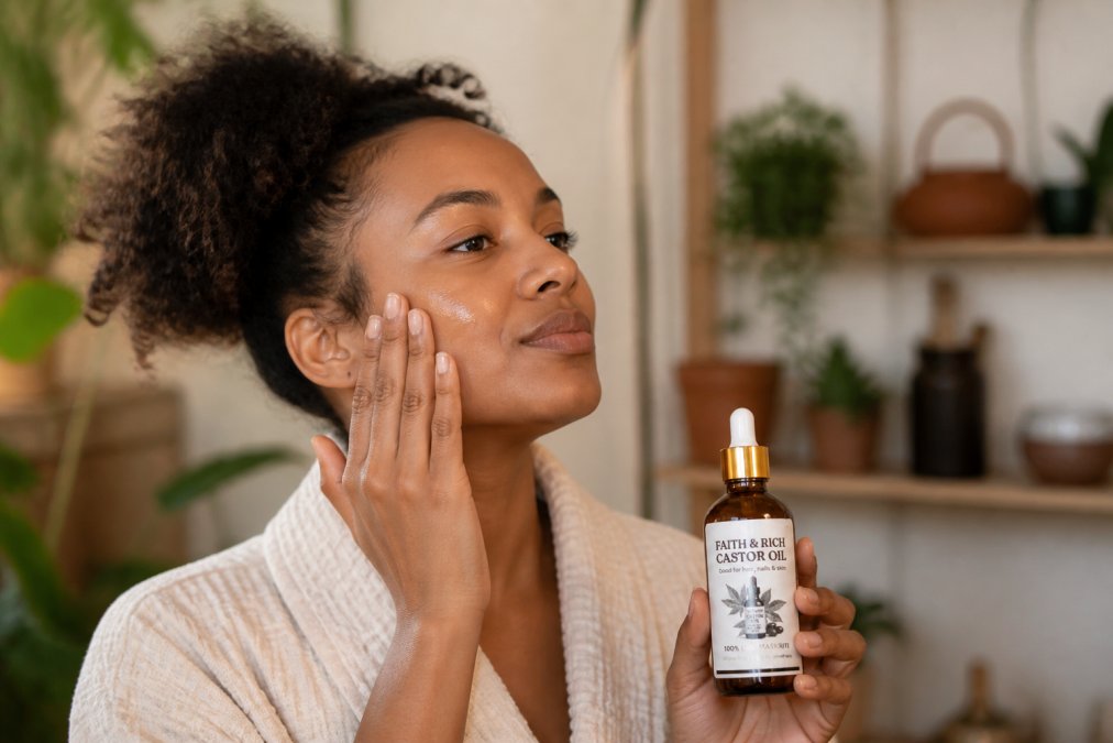 Woman applying handcrafted skincare product to her face, showing the luxurious texture and visible skin response from quality ingredients in natural morning light