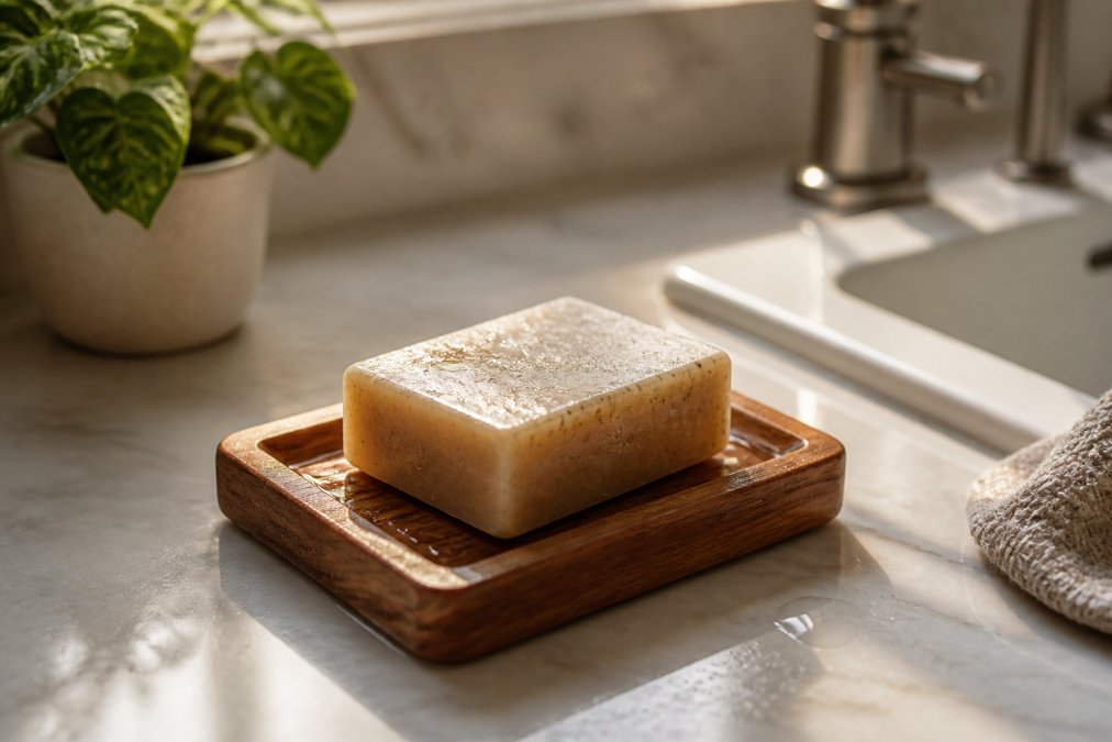 Handcrafted soap resting on a wooden dish with water droplets on a bathroom counter