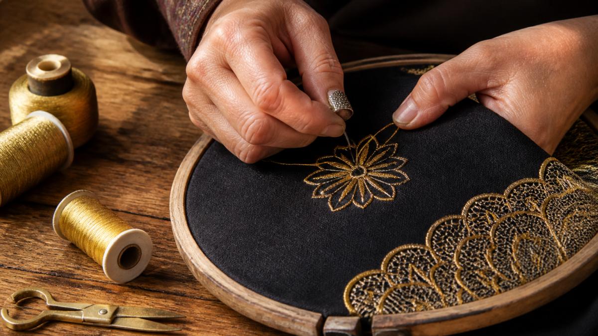 Close-up of an artisan's hands working gold thread through dark fabric on an embroidery frame, with a needle, thimble, and spools of metallic thread visible on a wooden table in warm natural light