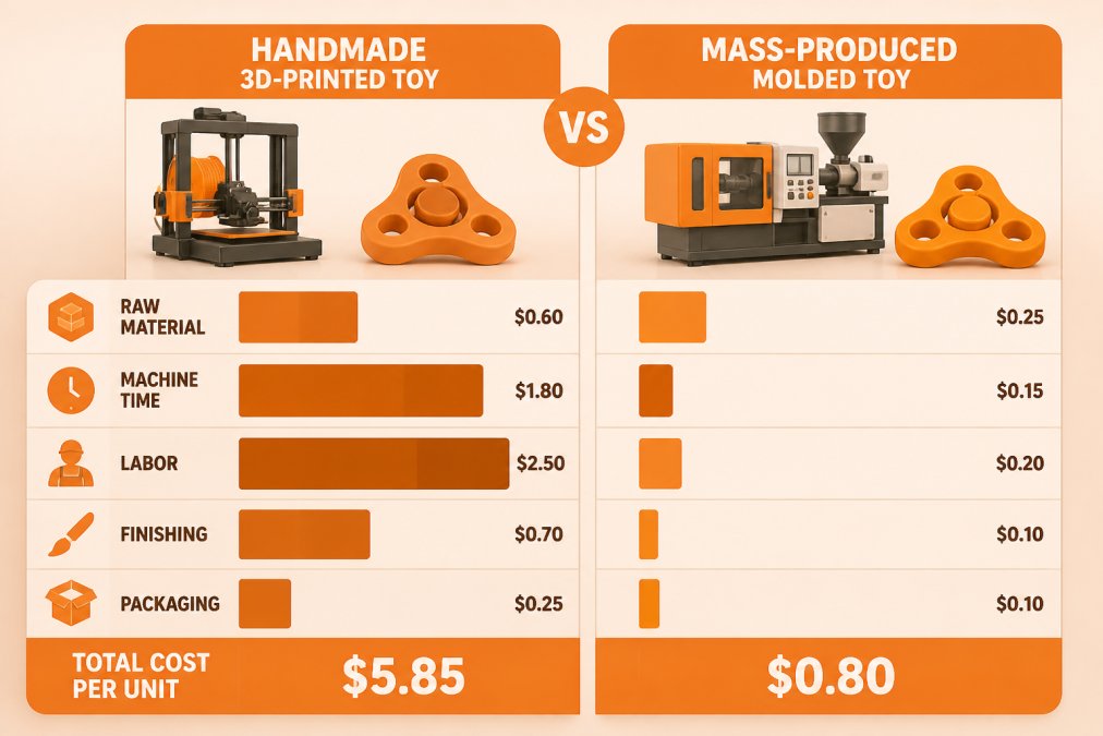 Bar chart comparing the production costs of mass-produced versus handmade fidget toys across five categories.