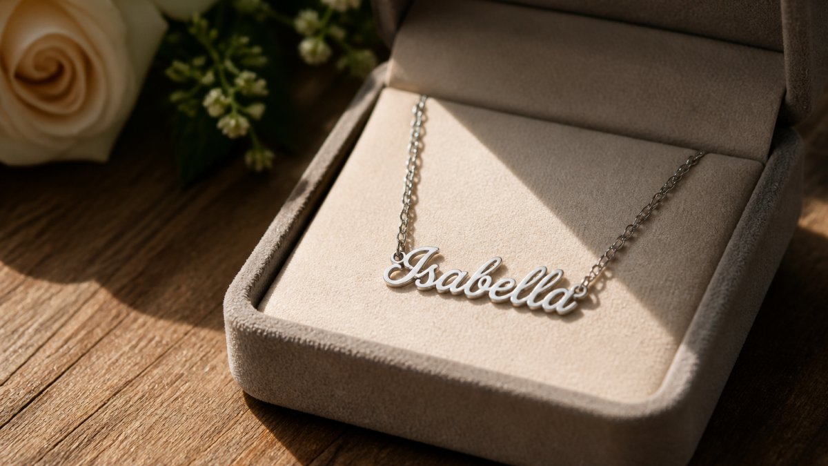 Close-up of a personalized stainless steel name necklace resting in a soft-touch gift box on a wooden table, with warm natural light catching the polished chain