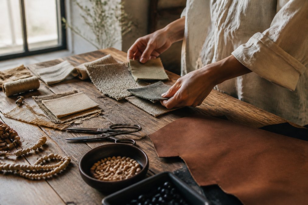 Close-up of a maker's hands sorting through raw materials like fabric swatches, beads, and leather on a wooden workbench, with natural light from a window