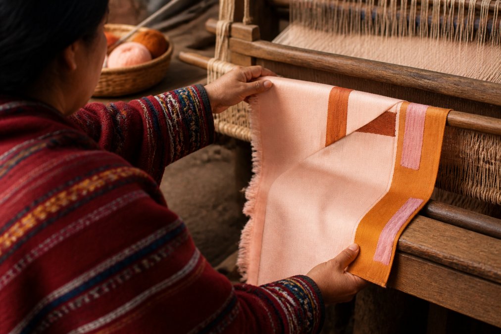 Close-up of an artisan's hands weaving a hand-woven textile on a traditional loom, with warm natural light and rich earthy tones visible in the fabric