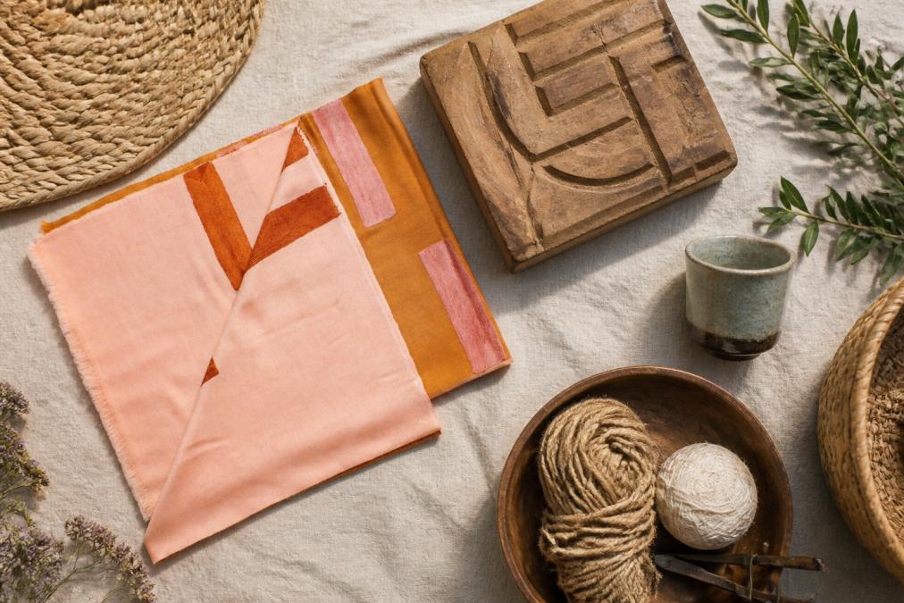 A beautifully styled flat lay of handcrafted home goods including a woven textile, a carved wooden object, and a handmade ceramic piece on a natural linen surface