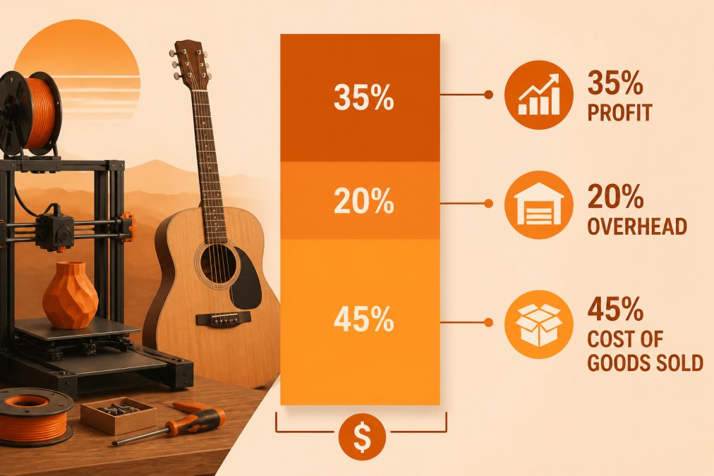 Stacked bar chart visualizing the breakdown of handmade items cost into 45% COGS, 20% overhead, and 35% profit.