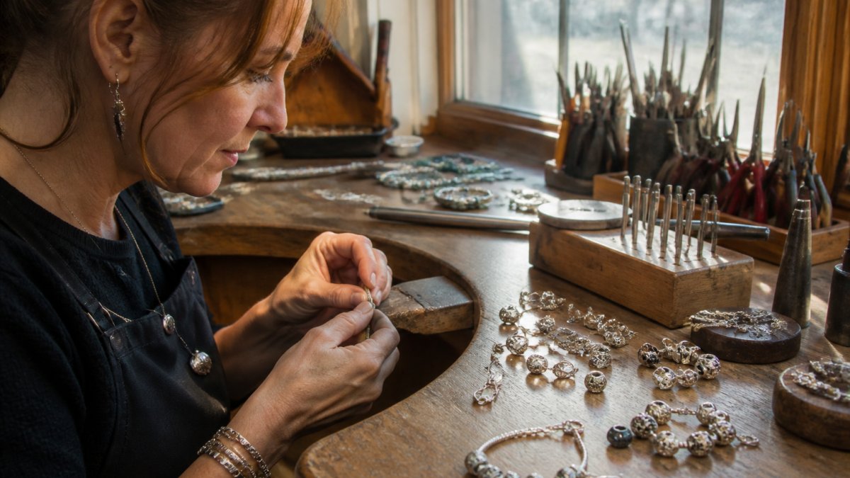 Professional artisan jeweler working at a polished workbench with sterling silver components, hand-held tools, and natural light illuminating intricate metalwork