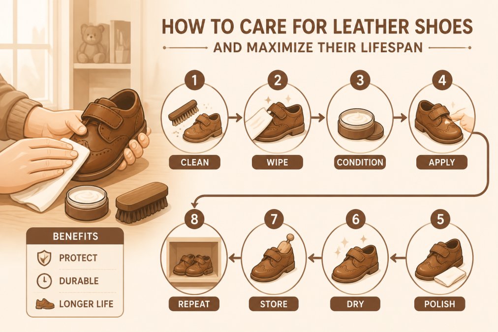 Parent's hands carefully cleaning a child's leather shoe with a soft cloth and protective cream in a home setting, showing the maintenance process with natural window lighting