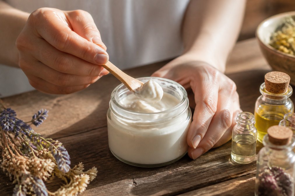 Close-up of hands scooping thick cream lotion from a glass jar on a wooden table, with small bottles of oil and dried flowers nearby in warm natural light