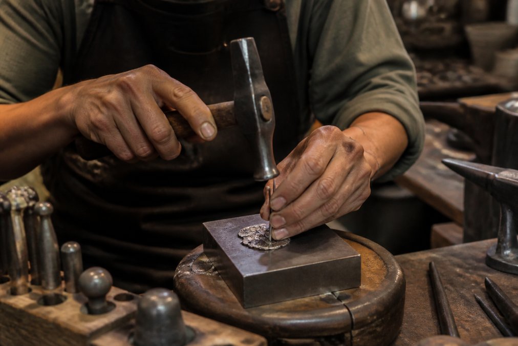 Close-up of a silversmith's hands using precision tools to shape and hammer a sterling silver piece on an anvil, with detailed metalwork visible under bright workshop lighting
