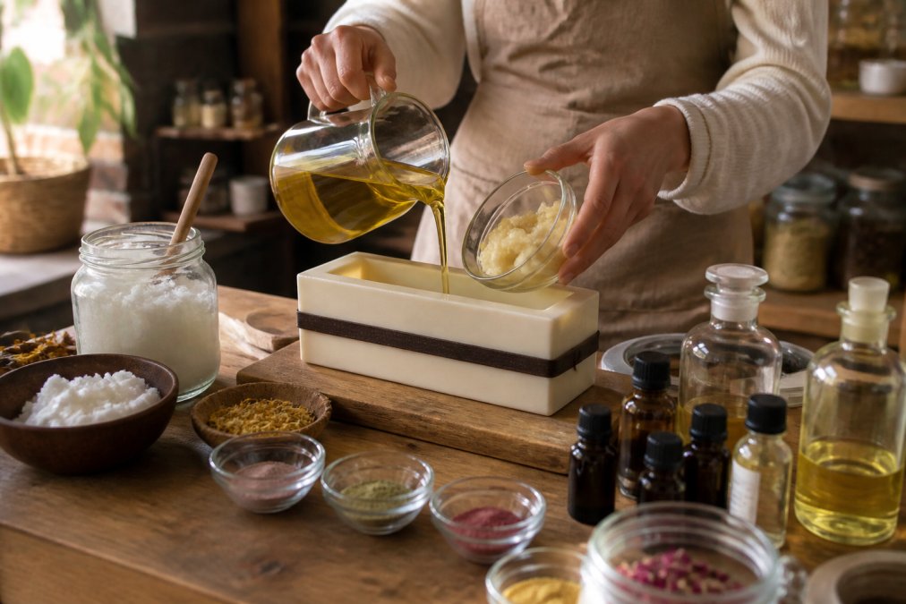 Artisan soap maker's hands pouring natural oils and golden shea butter into a ceramic mold, surrounded by glass jars of coconut oil, essential oils, and natural colorants on a wooden work surface with warm studio lighting
