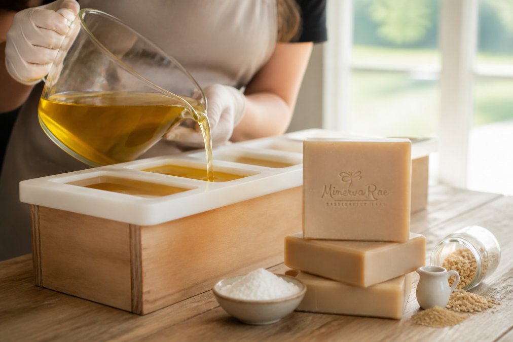 Close-up of artisan hands carefully pouring golden oils into white ceramic soap molds during cold process soap making, with natural sunlight streaming through a studio window highlighting the precision and care involved
