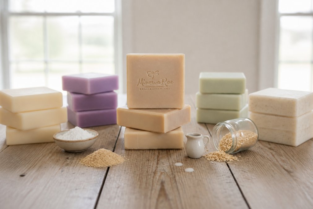 Handcrafted soap bars arranged by color and scent on a rustic wooden surface, showing the visual artistry and detailed work of small-batch soap production with natural studio lighting