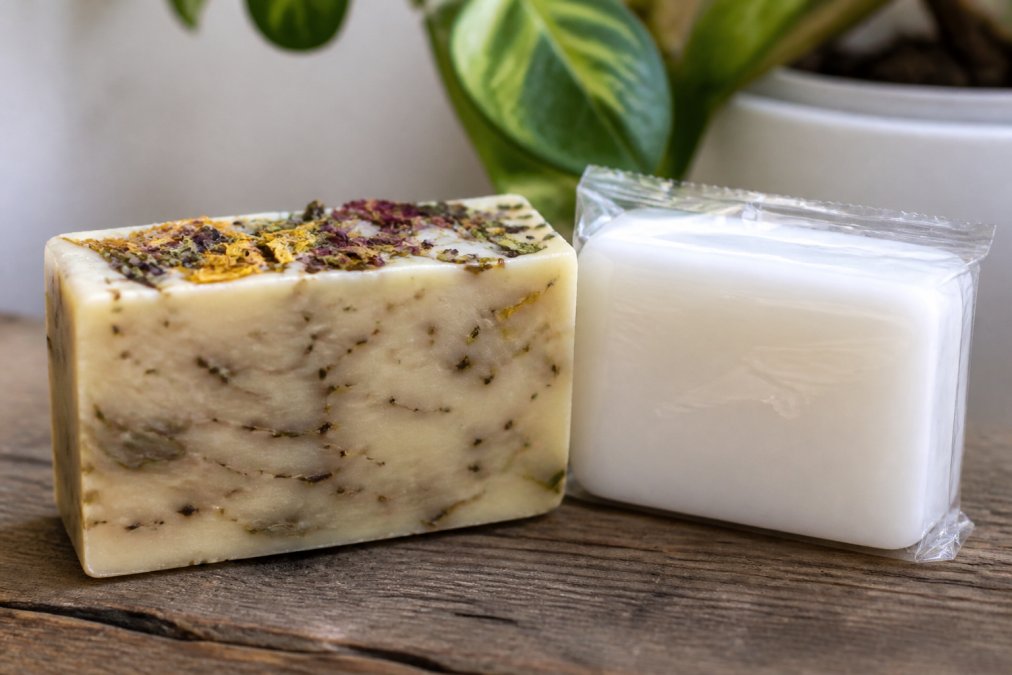 Close-up of a handmade soap bar with visible natural botanical ingredients and rich texture placed next to a commercial drugstore soap bar in clear packaging, showing the visual difference in color, opacity, and ingredient complexity