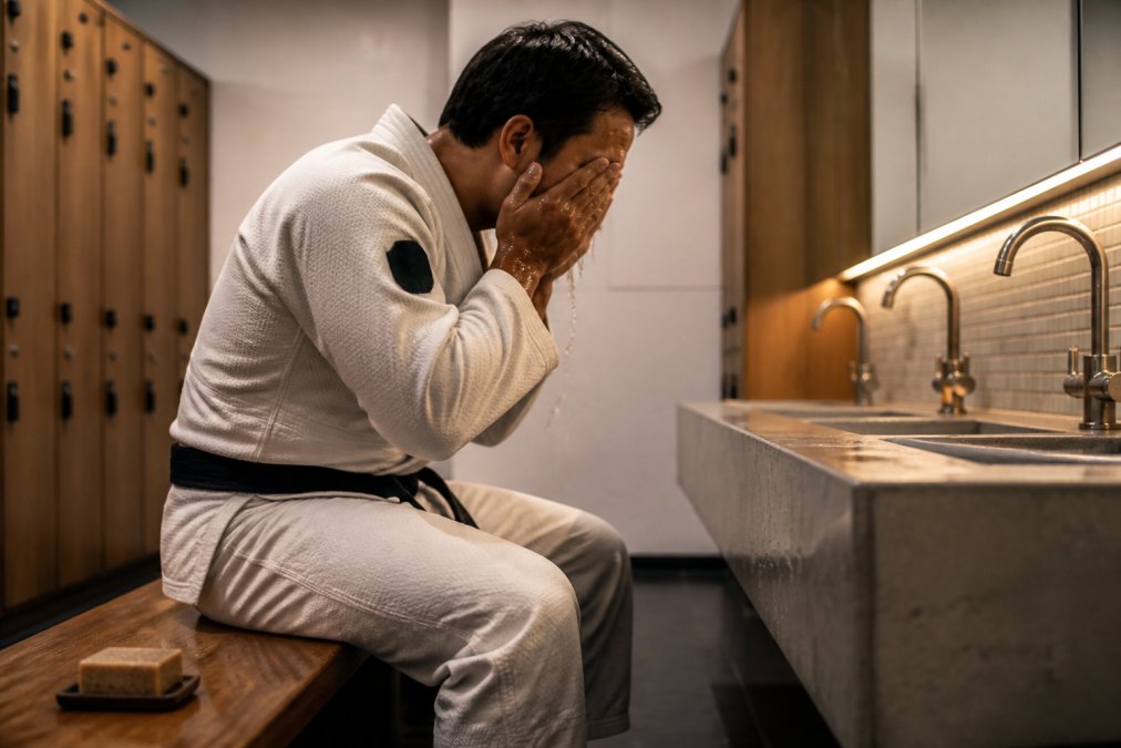A Jiu Jitsu practitioner in a white gi sitting on a wooden gym bench, washing hands and face with a bar of handmade soap at a locker room sink, warm overhead lighting