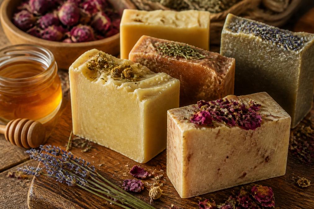 Close-up of several rustic handmade soap bars with natural textures, dried botanicals, and earthy tones arranged on a wooden surface with a small jar of honey nearby