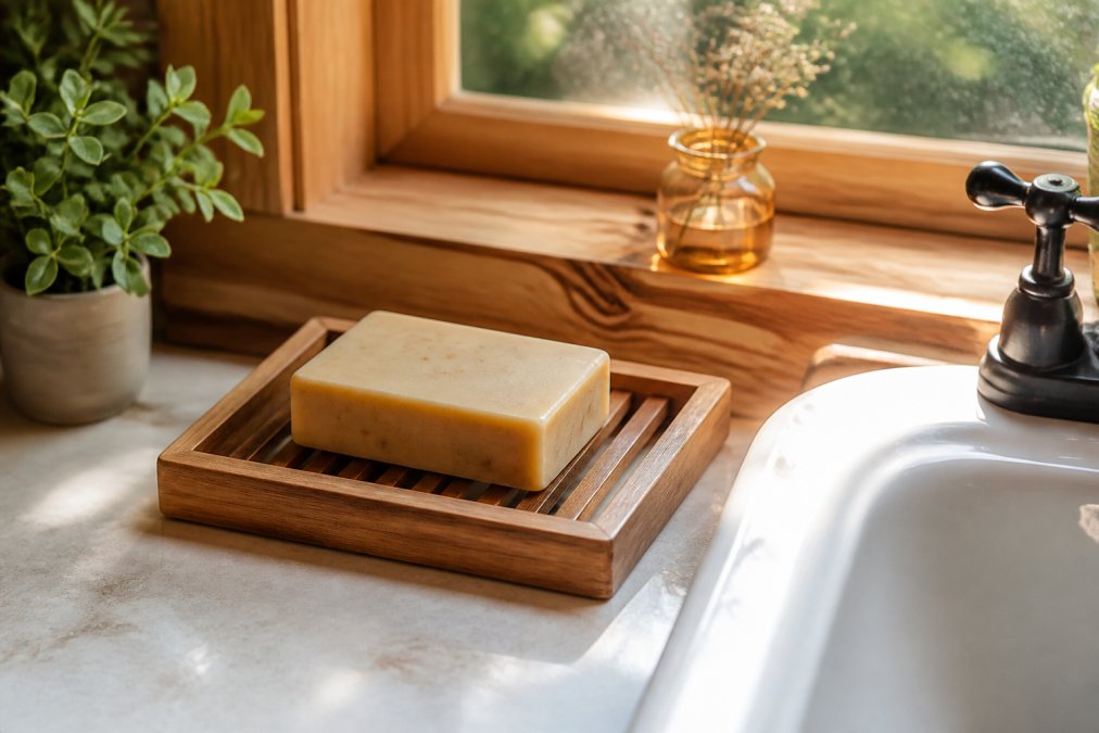 A single handmade soap bar resting on a wooden soap dish in a bright bathroom, with warm natural light coming through a window, no pooling water visible, shot from a slightly elevated angle