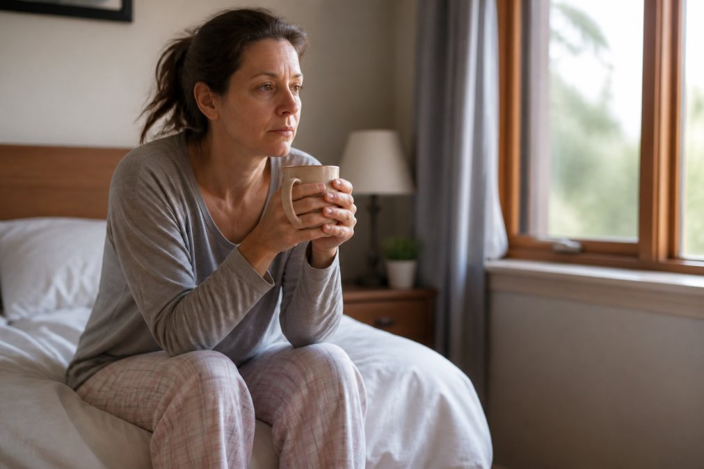 A woman in her 40s sitting on the edge of her bed in the morning, looking tired and holding a cup of coffee, soft natural light through a window